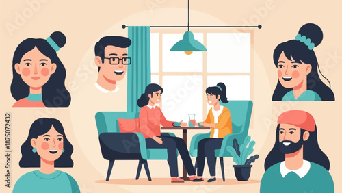Vector illustration of two women chatting, surrounded by portraits of diverse, smiling friends