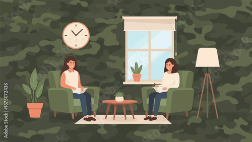 Two women in a therapy session in a room with green camouflage wallpaper and cozy furniture