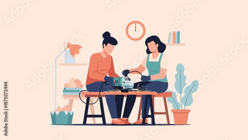 Two women in a workshop using an angle grinder, creating sparks while working on a metal project