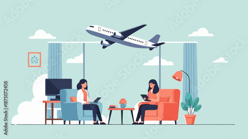 Two women in armchairs have a conversation in a room with a large window showing a plane flying by