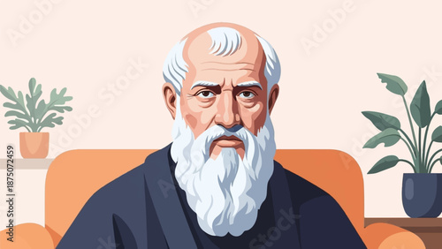 Vector illustration portrait of a wise, white-bearded senior man sitting in an armchair at home
