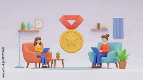 Two women in armchairs with tablets flank a large gold medal in a stylized 3D illustrated room