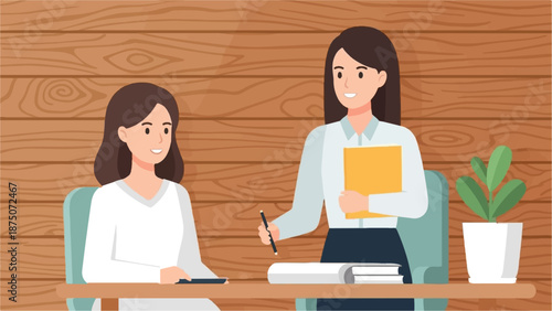 Two women in an office setting, one seated at a desk and the other standing in a business meeting