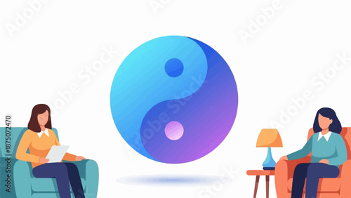 Two women in armchairs in a therapy session with a large, floating yin-yang symbol between them