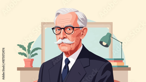 Vector portrait of a distinguished elderly man with a mustache in his study, looking at the camera