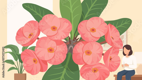 Vibrant illustration of a blooming pink Crown of Thorns plant with a woman relaxing in the background