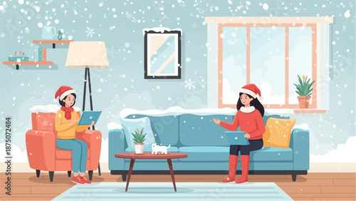 Two women in festive hats chat online in a living room as heavy snow falls indoors and out