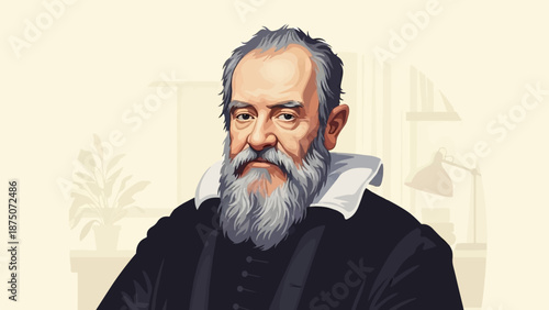 Vector portrait of a serious, grey-bearded Renaissance-era scholar in a dark coat and white collar