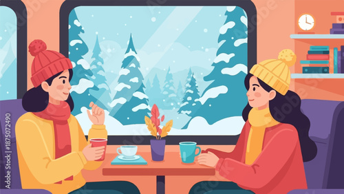 Two women in winter hats chat over hot drinks on a train, watching the snowy forest pass by