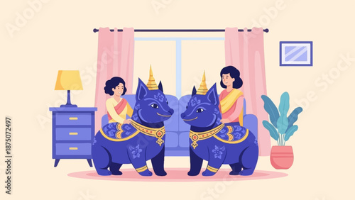 Two women in traditional dress sit beside two ornate, blue, mythical lion-dog creatures indoors