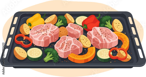 A baking tray filled with raw meat cuts, colorful bell peppers, potatoes, zucchini, broccoli, and squash