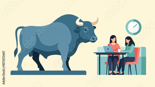 A blue bull statue stands beside two women working on a laptop at a cafe table with a clock