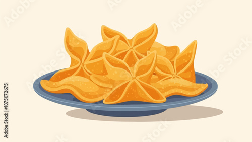 A blue plate overflowing with star-shaped, golden-brown fried snacks against a plain, light background