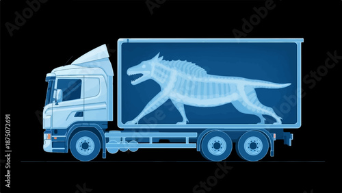 A blue semi-truck trailer with an X-ray view of a fierce skeletal creature running inside