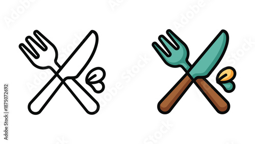 Crossed fork and knife icon set on white background