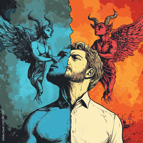 man facing moral dilemma, with angel and devil on his shoulders symbolizing good and bad choices. Generative ai vector colorful pop art illustration. , vector style simple color