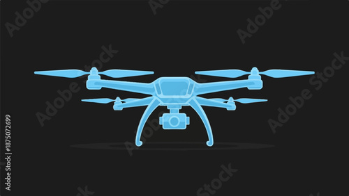 A blue, stylized quadcopter drone with a camera attached, depicted against a dark, minimalist background