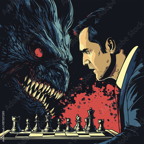 man in a suit playing chess against a terrifying monster, symbolizing internal struggle and decision-making pressure
