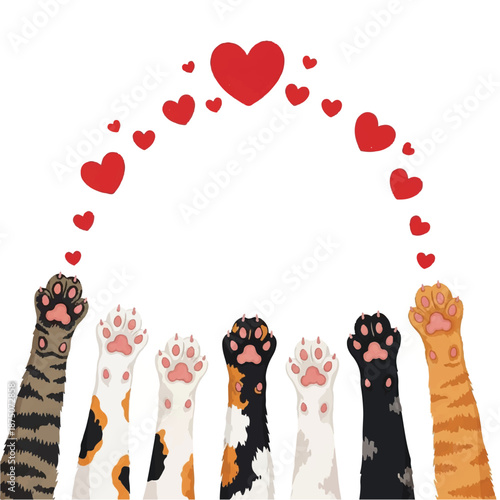 Five cats with different fur patterns paws raised together in a heart shape surrounded by red hearts