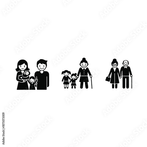 Illustration of various family generations standing together in a simple vector graphic