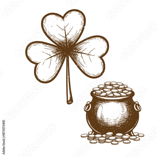 Drawing Vintage Brown illustration of a four leaf clover and a cauldron filled with gold coins on white background  symbol of good luck and wealth