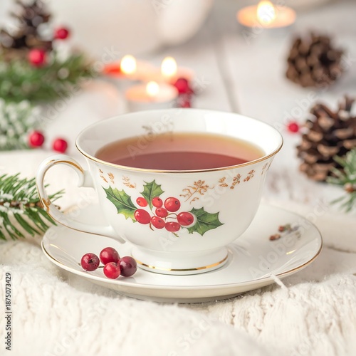 A festive teacup with holly design on a saucer, surrounded by holiday decorations