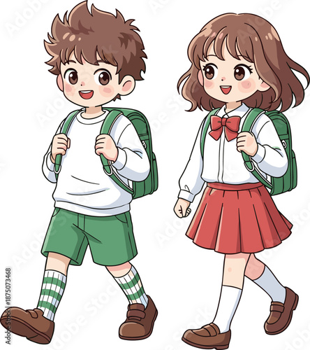 Cute anime style school boy and girl characters wearing uniforms and green backpacks walking together isolated on white background for back to school education