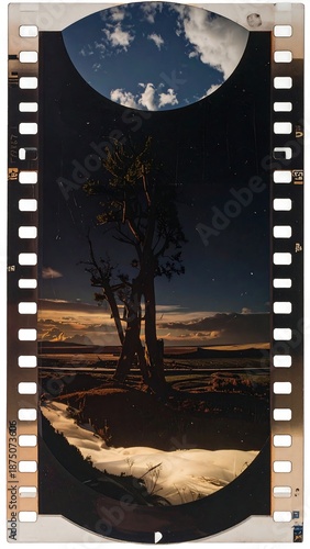A film strip with a desert landscape and tree