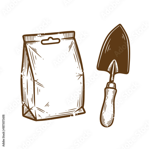 Drawing Vintage Brown illustration of a seed bag and a trowel on white background  gardening tools