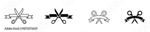 Scissors cutting ribbon simple black vector icon set. Grand opening, inauguration symbol set. Scissor and ribbon cut icons for editing and design purposes. 
