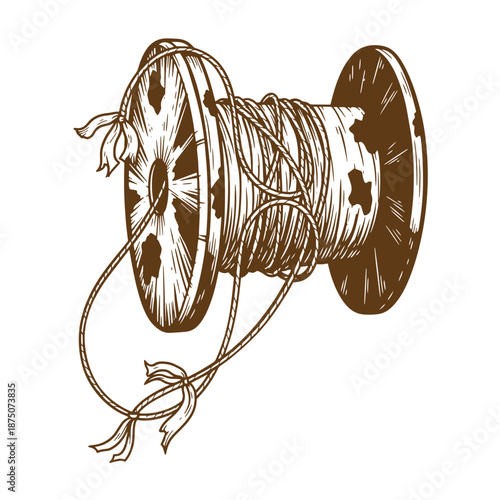 Drawing Vintage Brown illustration of a spool of twine with loose ends  a rustic wooden reel with a rope wrapped around it
