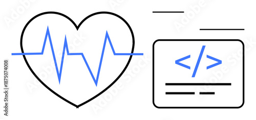Healthcare technology, medical data, coding, digital health, telemedicine, innovation. A heart-shaped pulse line next to a coding symbol. Healthcare technology and medical data concept