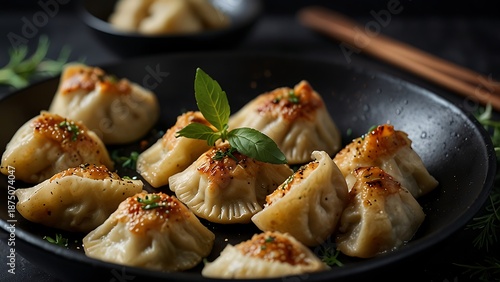 Delicious Pan-Fried Dumplings Gyoza Served in a Black Ceramic Plate Garnish with Fresh Herbs and Spices, Traditional Asian Cuisine Appetizer Pots tickers Dim Sum for Restaurant Menu Food Photography