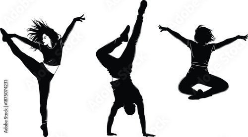 Set of dynamic contemporary dance silhouettes featuring professional dancers in athletic poses including handstand jump and extension isolated vector illustrations for modern performance