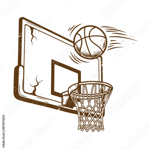 Drawing Vintage Brown illustration of basketball going through hoop with backboard  sports equipment