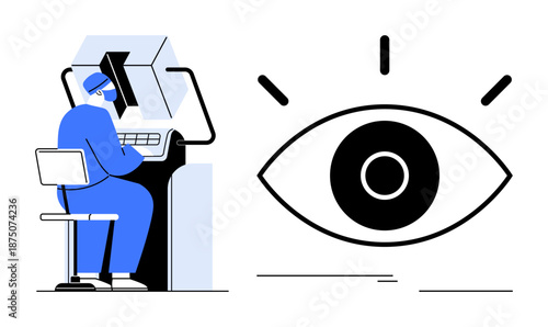 Professional seated at a computer station, examining data, paired alongside a bold visual of an eye symbolizing observation, focus, and technology monitoring. Ideal for analytics, security, AI