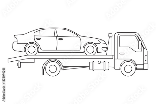 Car being transported on a flatbed tow truck vehicle
