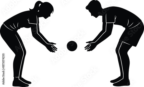 Silhouette of Two People Playing Ball Together in Crouched Position Showing Teamwork, Coordination, Physical Activity, and Interactive Sports Concept