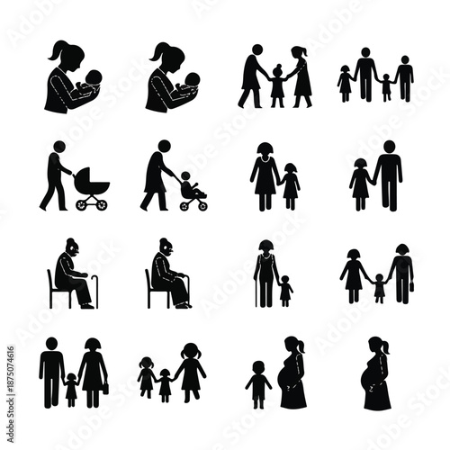 Family life stages illustrated in black silhouettes against a white background showcasing various activities and interactions