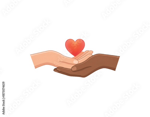 Two Hands of Different Skin Tones Holding a Red Heart