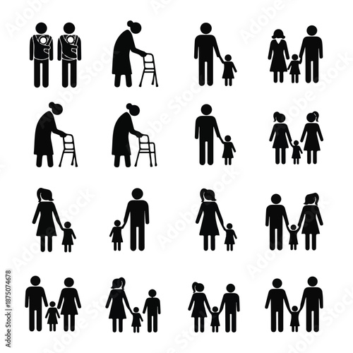 Collection of black silhouettes depicting family scenes with elderly and children interacting, standing, and walking together