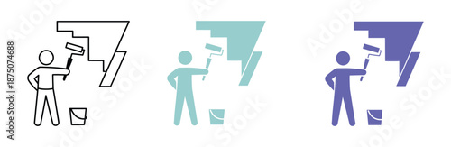 Painter with Roller and Paint Bucket Icon - House Painting Vector. Worker painting wall with roller in different colors.