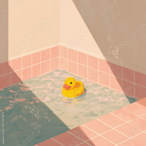 Yellow Rubber Duck Floating in Pink Bathroom Bathtub