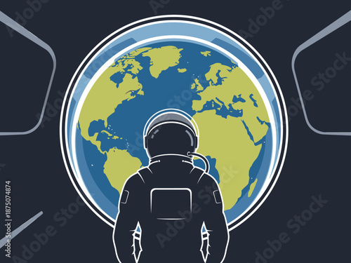 An astronaut gazes at Earth from a spacecraft window, showcasing a stunning space tourism view. Bold design, modern aesthetic, and captivating perspective.