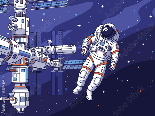 An astronaut performs a spacewalk near a space station, showcasing a vibrant, detailed illustration. Perfect for educational or imaginative visuals.