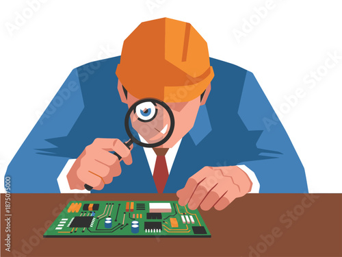 An engineer meticulously examines a circuit board with a magnifying glass. Focused, professional, and detailed, ideal for tech and engineering visuals.