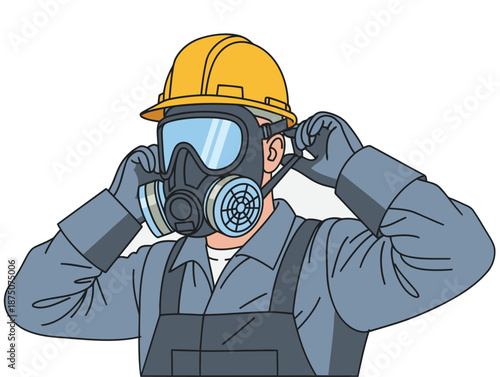 A construction worker dons a gas mask and face shield, prioritizing safety. Clear, professional illustration. Focus on worker protection.