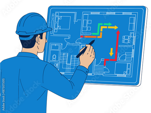 An engineer reviews a safety plan drawing on a tablet, highlighting escape routes. A professional setting with a blueprint and focused worker. Modern illustration.