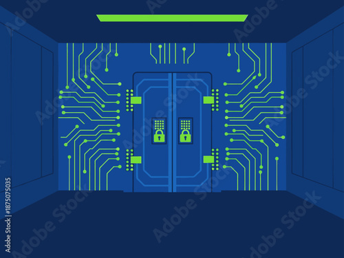 A futuristic cybersecurity vault room with circuit board detailing and a secure door. Modern, tech-focused design. Ideal for digital backgrounds and presentations.