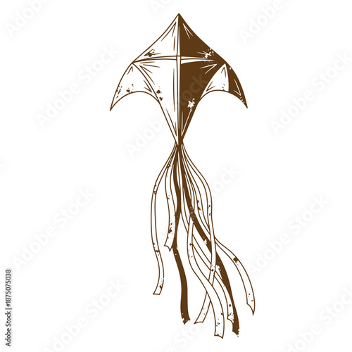 Drawing Vintage Brown kite with long tail flying high in the air recreational toy for outdoor fun and games
